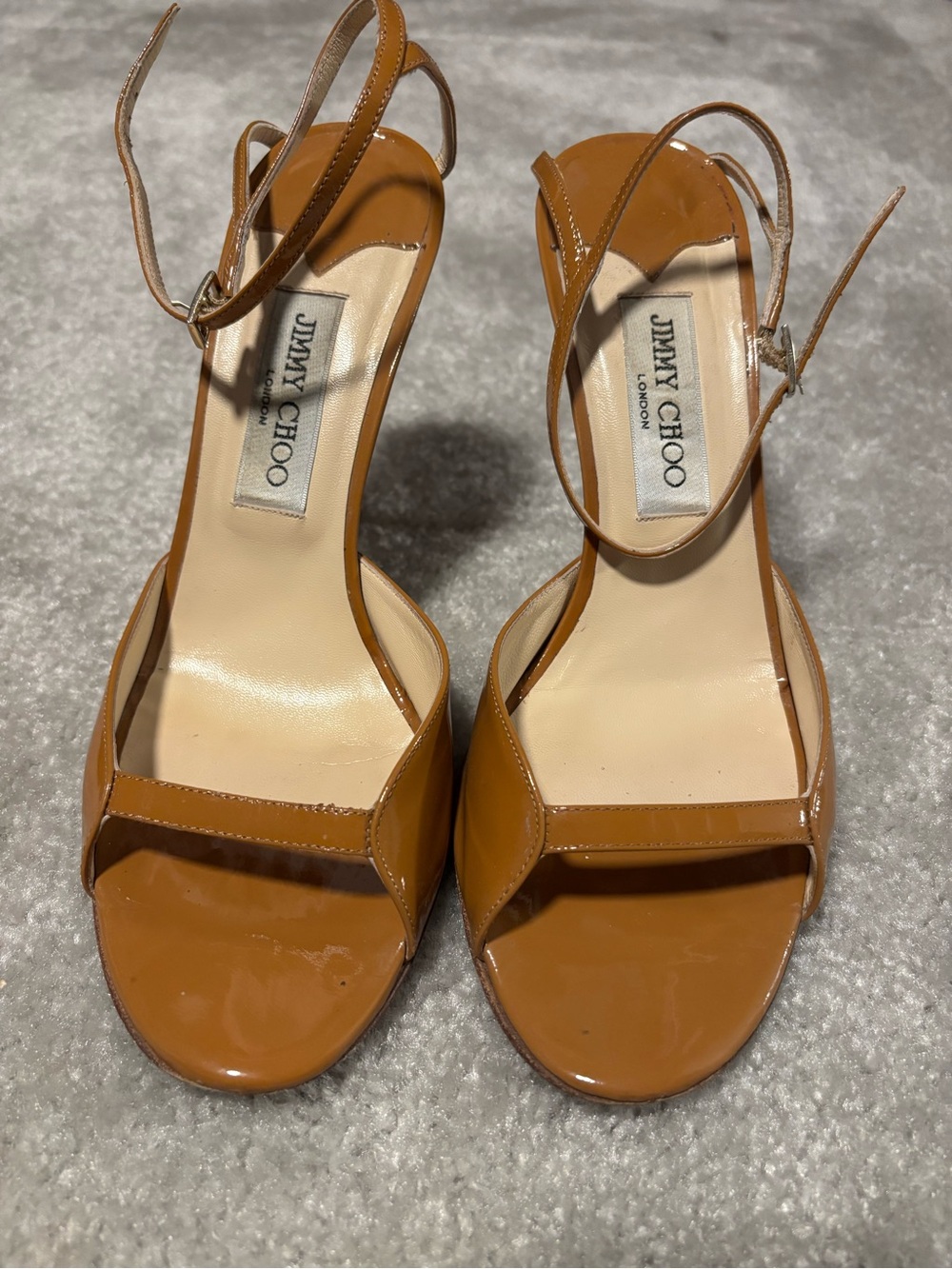 Jimmy Choo Coupe Patent Tobacco Leather Ankle-Strap Heels